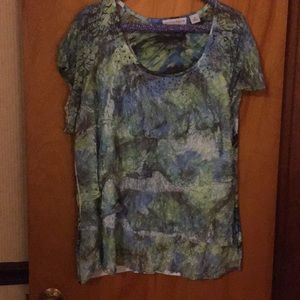 Green and blue blouse.